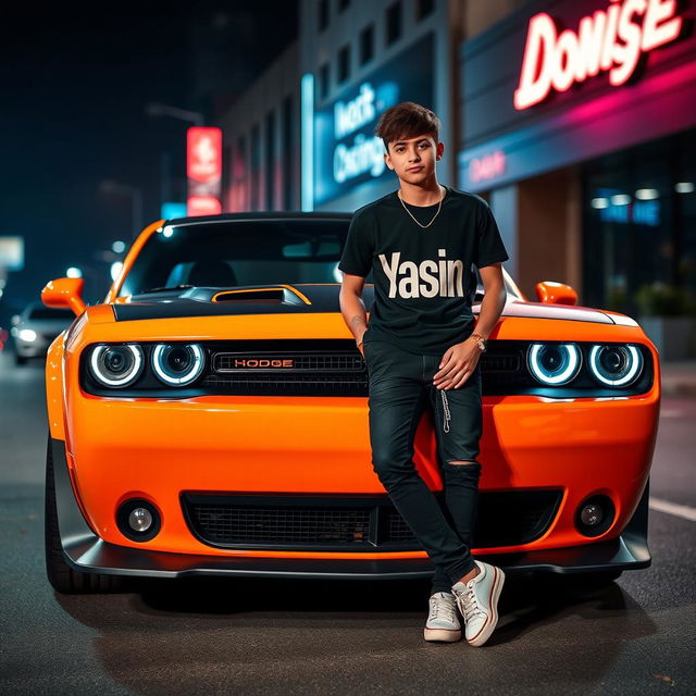 A striking image of a sporty Dodge Challenger, parked under the glow of neon city lights