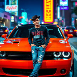 A striking image of a sporty Dodge Challenger, parked under the glow of neon city lights