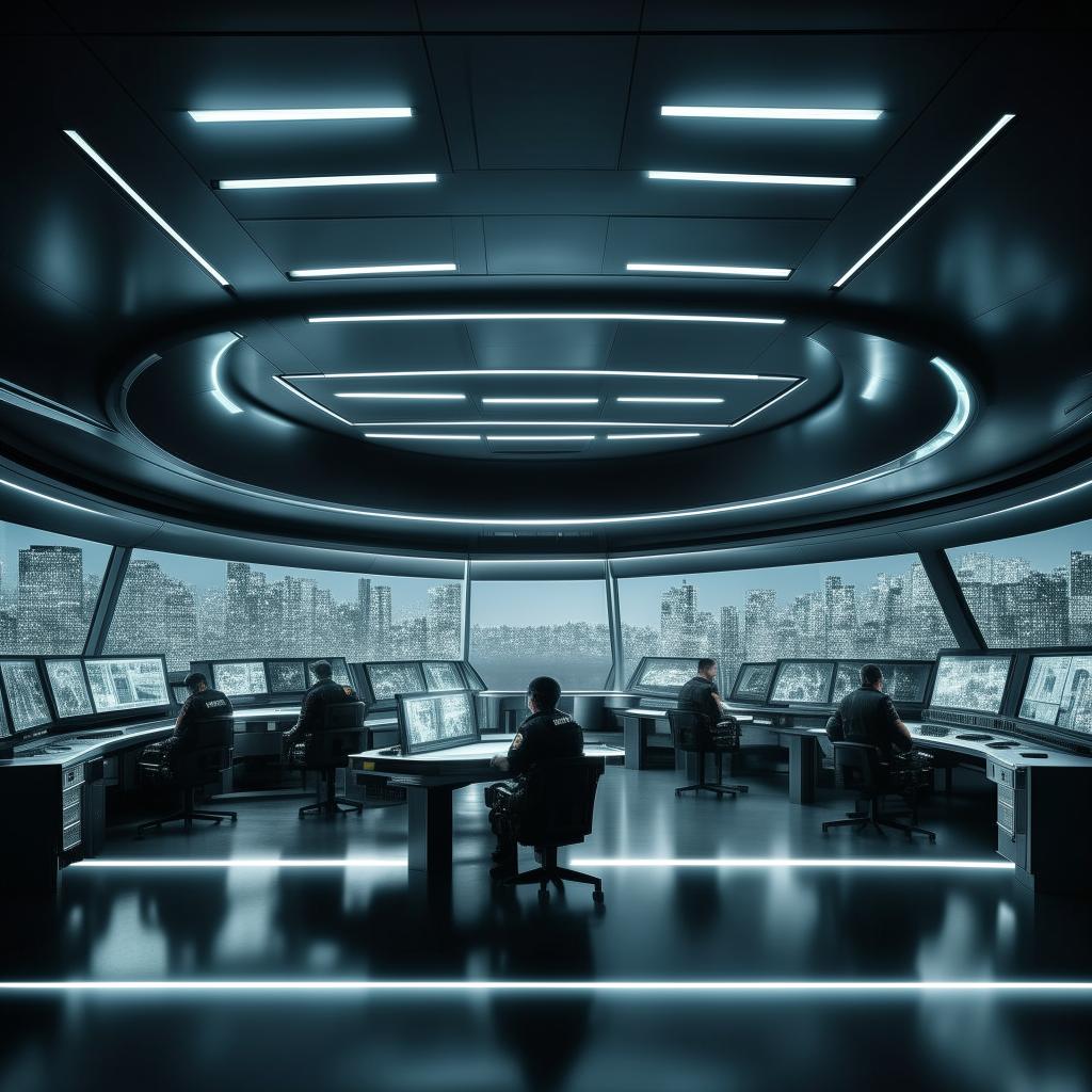 A futuristic, glass penthouse office designed as a SWAT control room with a long console lined with officers and screens, and a single console with screen occupied by a lone officer, drawing architectural inspiration from the provided link.