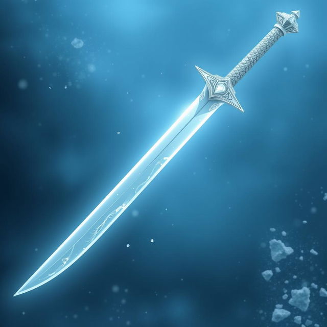 A magical ice longsword featuring a thin, curved blade that is pearly white, reflecting a luminous, icy glow