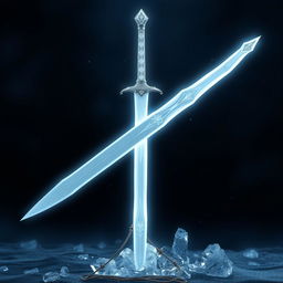 A magical ice longsword featuring a thin, curved blade that is pearly white, reflecting a luminous, icy glow