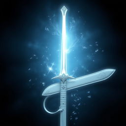 A magical ice longsword featuring a thin, curved blade that is pearly white, reflecting a luminous, icy glow
