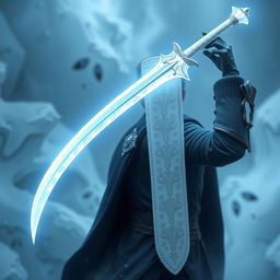 A magical ice longsword featuring a thin, curved blade that is pearly white, reflecting a luminous, icy glow