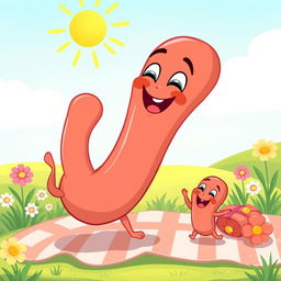 A whimsical, cartoon-style illustration of a mother sausage joyfully playing with a baby sausage in a bright, cheerful setting