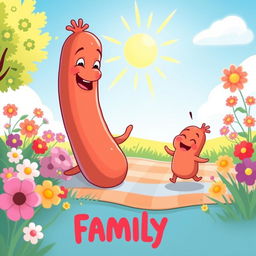 A whimsical, cartoon-style illustration of a mother sausage joyfully playing with a baby sausage in a bright, cheerful setting