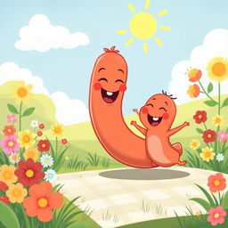 A whimsical, cartoon-style illustration of a mother sausage joyfully playing with a baby sausage in a bright, cheerful setting