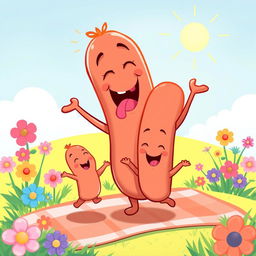A whimsical, cartoon-style illustration of a mother sausage joyfully playing with a baby sausage in a bright, cheerful setting