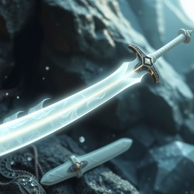 A magical ice longsword with a thin, curved blade that is pearly white, emanating a mystical aura reminiscent of shimmering ice