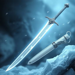 A magical ice longsword with a thin, curved blade that is pearly white, emanating a mystical aura reminiscent of shimmering ice