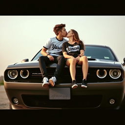 A young couple, a boy and a girl, sitting on top of a Dodge Challenger car