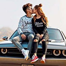 A young couple, a boy and a girl, sitting on top of a Dodge Challenger car