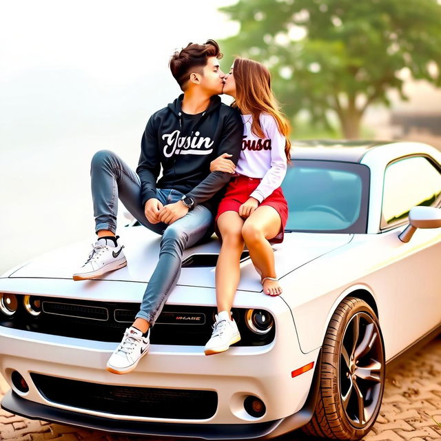 A young couple, a boy and a girl, sitting on top of a Dodge Challenger car