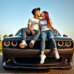 A young couple, a boy and a girl, sitting on top of a Dodge Challenger car