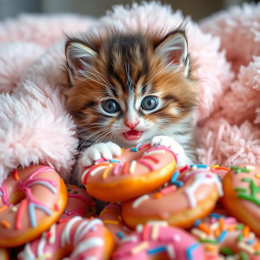 A cute, fluffy little kitten happily munching on colorful piles of donuts, with icing and sprinkles