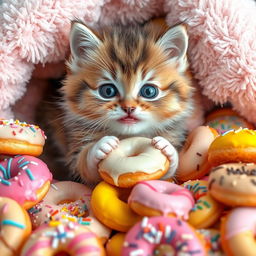 A cute, fluffy little kitten happily munching on colorful piles of donuts, with icing and sprinkles