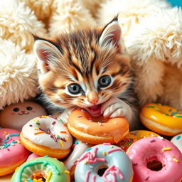 A cute, fluffy little kitten happily munching on colorful piles of donuts, with icing and sprinkles