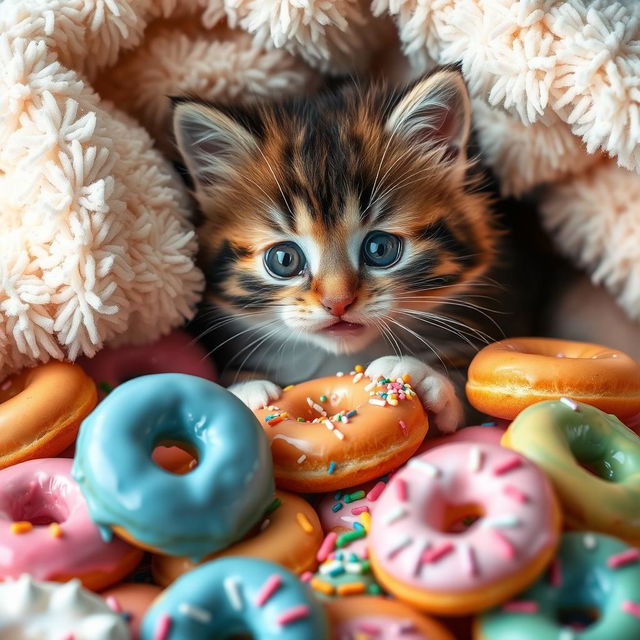 A cute, fluffy little kitten happily munching on colorful piles of donuts, with icing and sprinkles