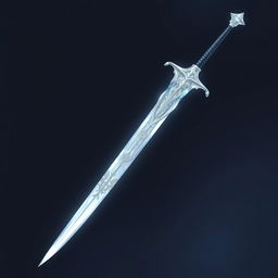 A stunning magical ice longsword featuring a thin, curved blade that is pearly white, shimmering with icy reflections