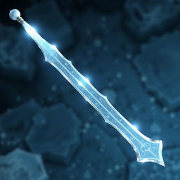 A stunning magical ice longsword featuring a thin, curved blade that is pearly white, shimmering with icy reflections
