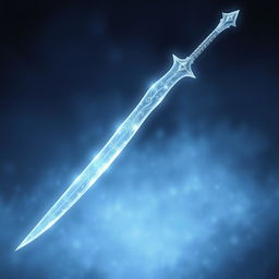 A stunning magical ice longsword featuring a thin, curved blade that is pearly white, shimmering with icy reflections