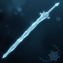 A stunning magical ice longsword featuring a thin, curved blade that is pearly white, shimmering with icy reflections