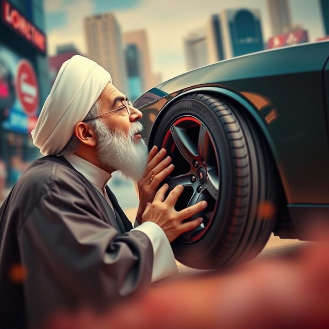 A surreal and abstract representation of a prominent leader, resembling Ayatollah Ali Khamenei, lovingly kissing the tire of a Dodge Challenger