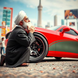 A surreal and abstract representation of a prominent leader, resembling Ayatollah Ali Khamenei, lovingly kissing the tire of a Dodge Challenger