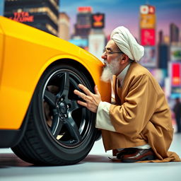 A surreal and abstract representation of a prominent leader, resembling Ayatollah Ali Khamenei, lovingly kissing the tire of a Dodge Challenger