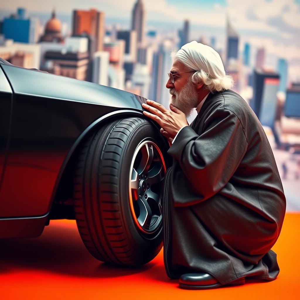 A surreal and abstract representation of a prominent leader, resembling Ayatollah Ali Khamenei, lovingly kissing the tire of a Dodge Challenger