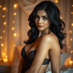 A sensual and alluring portrait of a beautiful woman with wavy black hair and striking features, wearing elegant lingerie that accentuates her curves