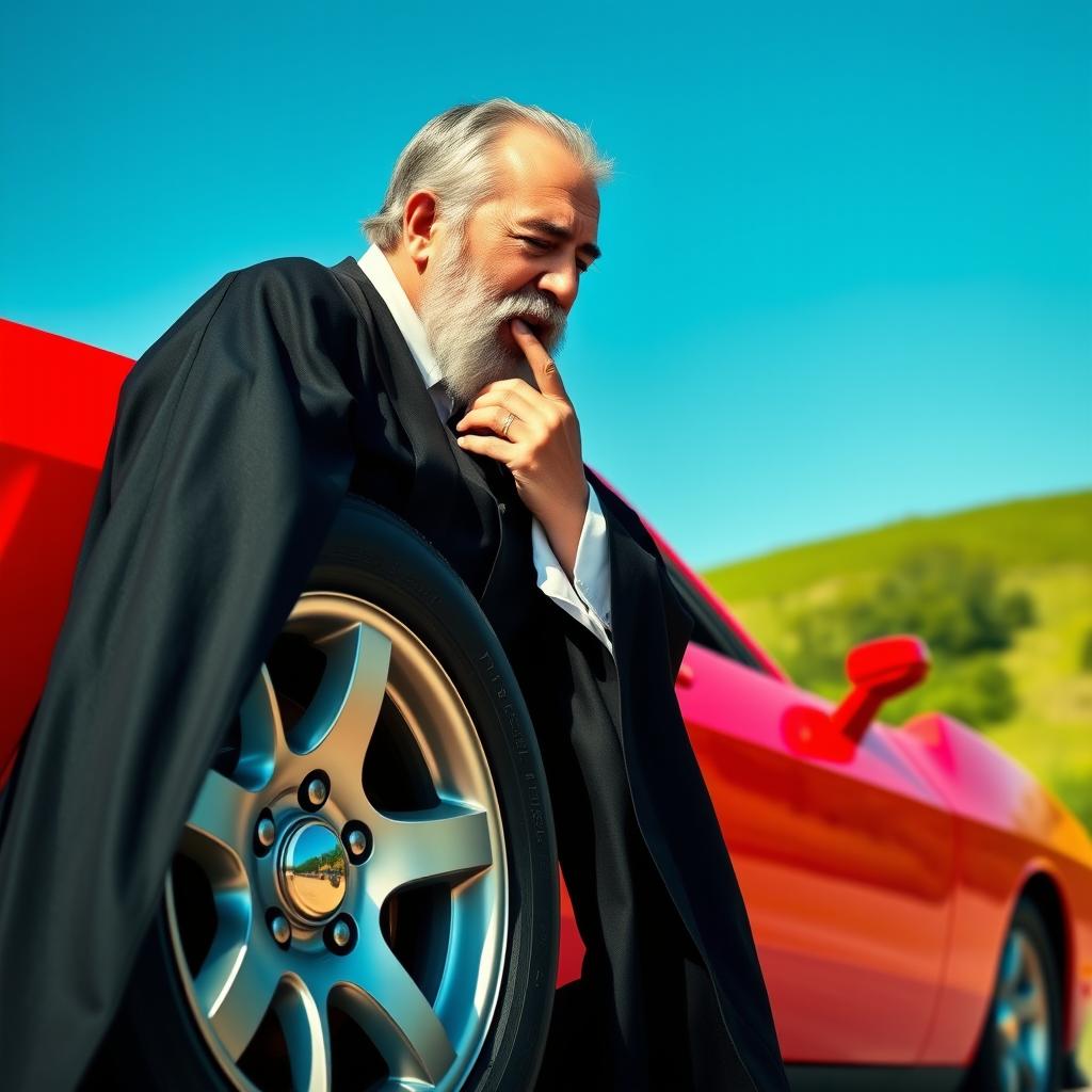 A surreal and humorous scene featuring a middle-aged man with a distinctive appearance similar to Iranian Supreme Leader Ayatollah Khamenei, lovingly kissing the tire of a Dodge Challenger car