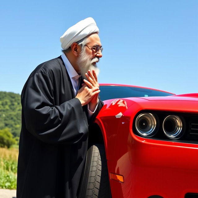 A surreal and humorous scene featuring a middle-aged man with a distinctive appearance similar to Iranian Supreme Leader Ayatollah Khamenei, lovingly kissing the tire of a Dodge Challenger car