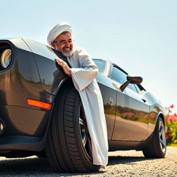A whimsical and surreal image of Ayatollah Khamenei, dressed in traditional Iranian attire, affectionately kissing the tire of a Dodge Challenger