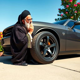 A whimsical and surreal image of Ayatollah Khamenei, dressed in traditional Iranian attire, affectionately kissing the tire of a Dodge Challenger