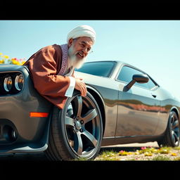 A whimsical and surreal image of Ayatollah Khamenei, dressed in traditional Iranian attire, affectionately kissing the tire of a Dodge Challenger