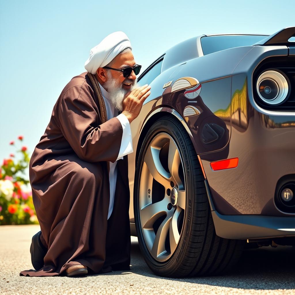 A whimsical and surreal image of Ayatollah Khamenei, dressed in traditional Iranian attire, affectionately kissing the tire of a Dodge Challenger