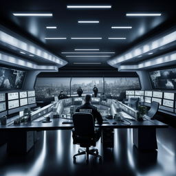 A futuristic, glass penthouse office designed as a SWAT control room with a long console lined with officers and screens, and a single console with screen occupied by a lone officer, drawing architectural inspiration from the provided link.