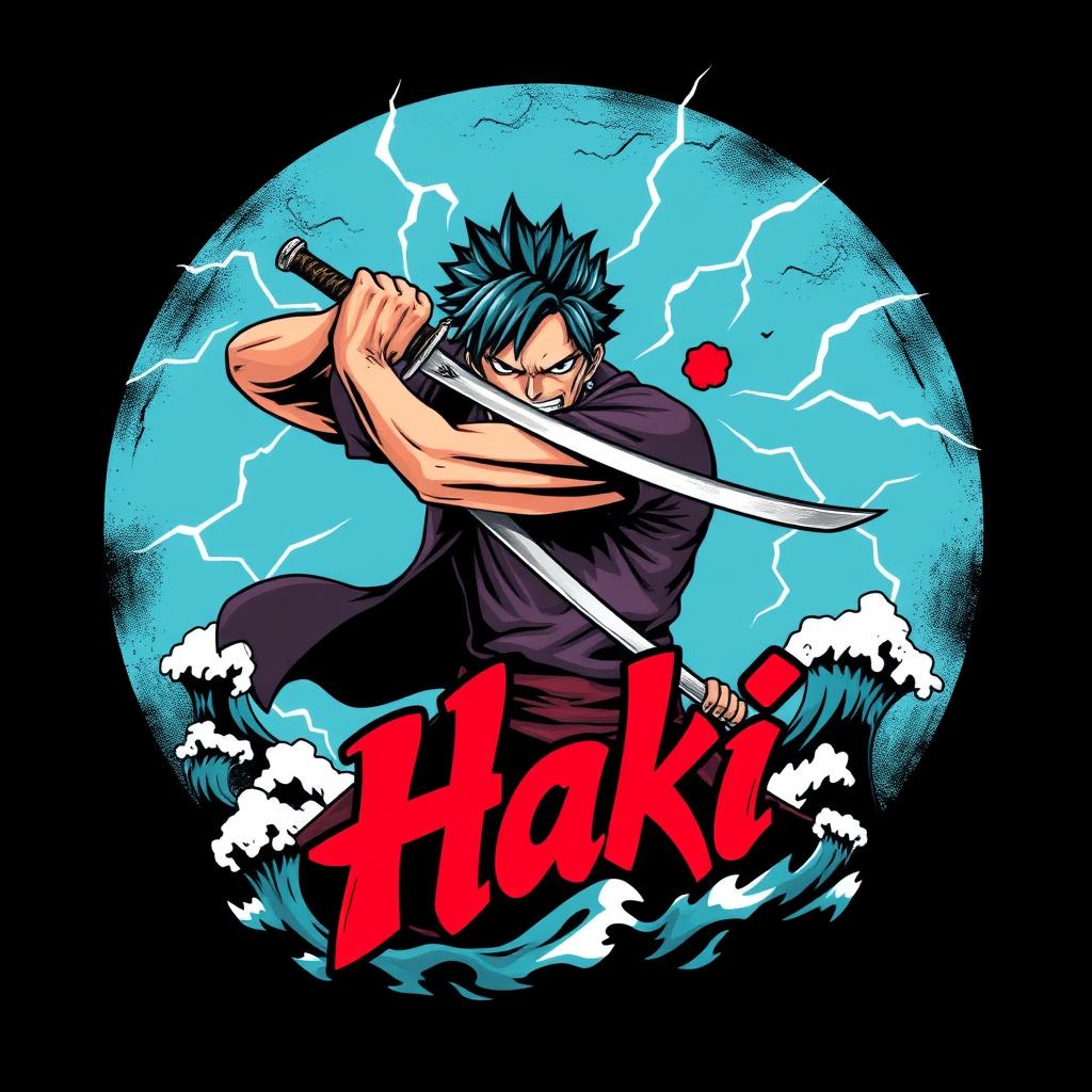 A T-shirt design showcasing Akami Shanks from the anime One Piece, depicted as a powerful character wielding a sword, with an intense expression of determination