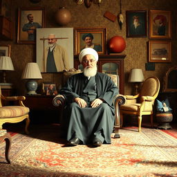 A surreal and creative depiction of a historic figure resembling Ayatollah Khomeini sitting in a room filled with unusual decor