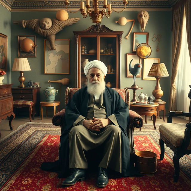 A surreal and creative depiction of a historic figure resembling Ayatollah Khomeini sitting in a room filled with unusual decor