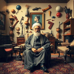 A surreal and creative depiction of a historic figure resembling Ayatollah Khomeini sitting in a room filled with unusual decor