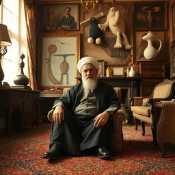 A surreal and creative depiction of a historic figure resembling Ayatollah Khomeini sitting in a room filled with unusual decor