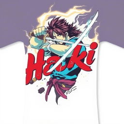 A vibrant T-shirt design featuring Akami Shanks from the anime One Piece, depicted with his iconic sword in hand