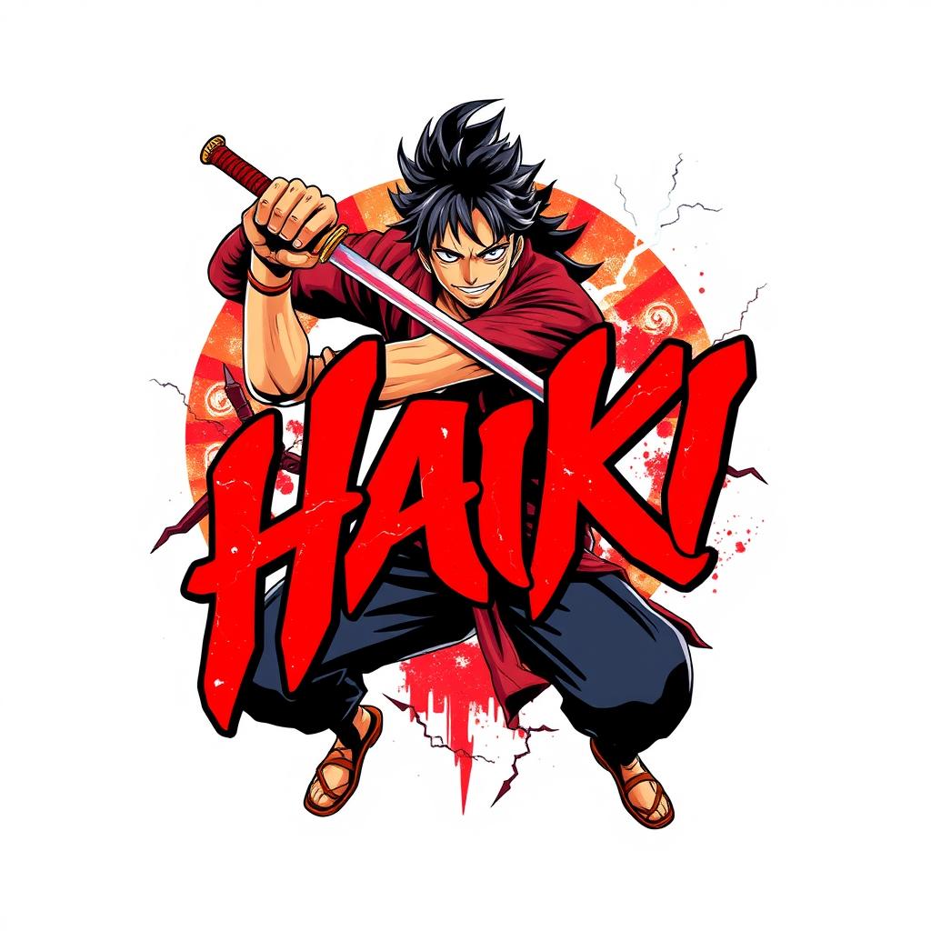 A vibrant T-shirt design featuring Akami Shanks from the anime One Piece, depicted with his iconic sword in hand