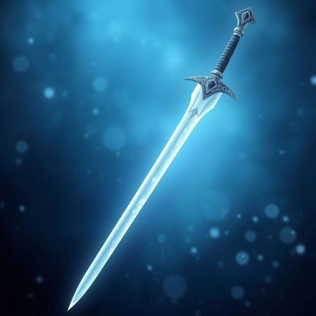 A magical ice longsword with a thin, curved blade that is pearly white, exuding an ethereal glow