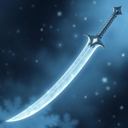 A magical ice longsword with a thin, curved blade that is pearly white, exuding an ethereal glow