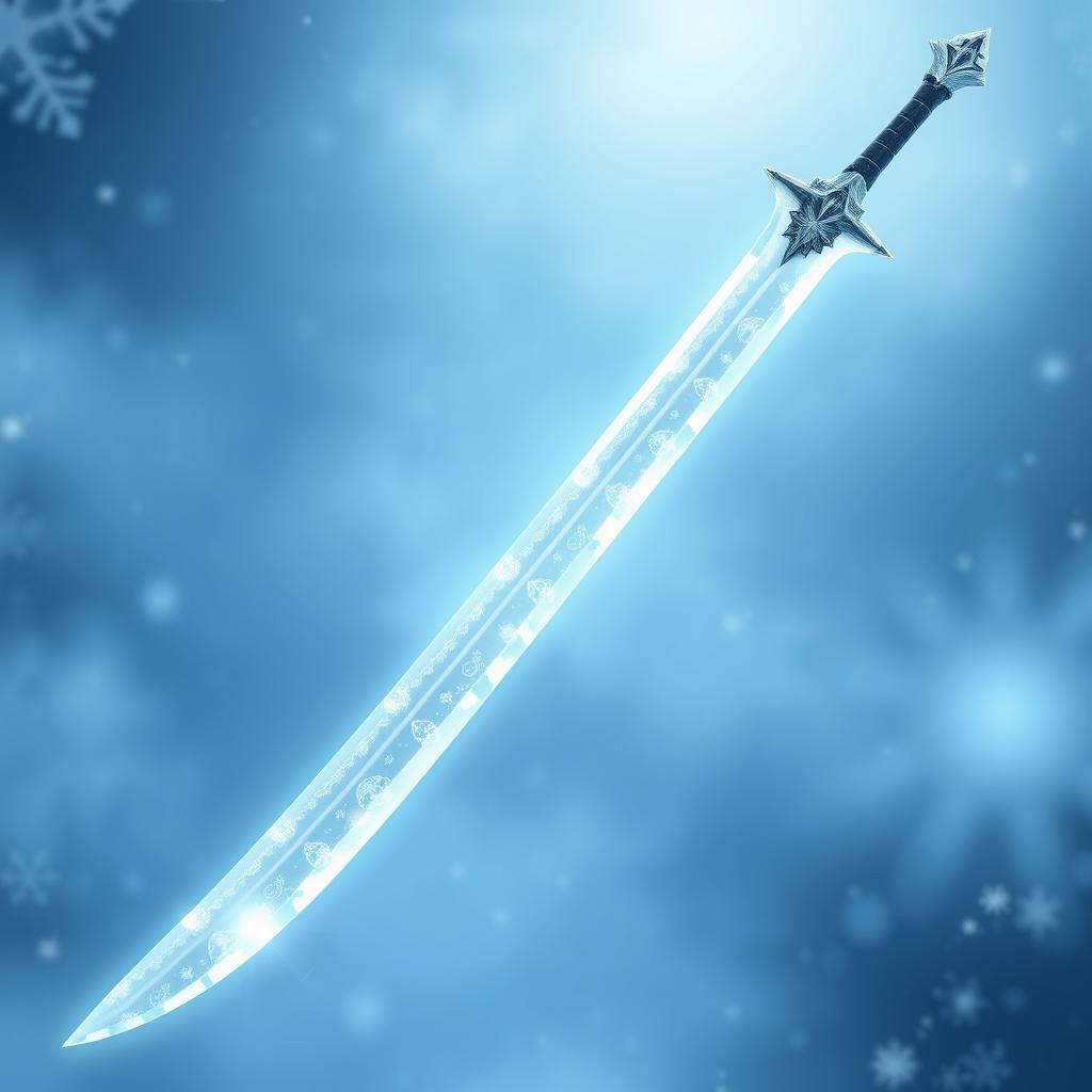 A magical ice longsword with a thin, curved blade that is pearly white, exuding an ethereal glow