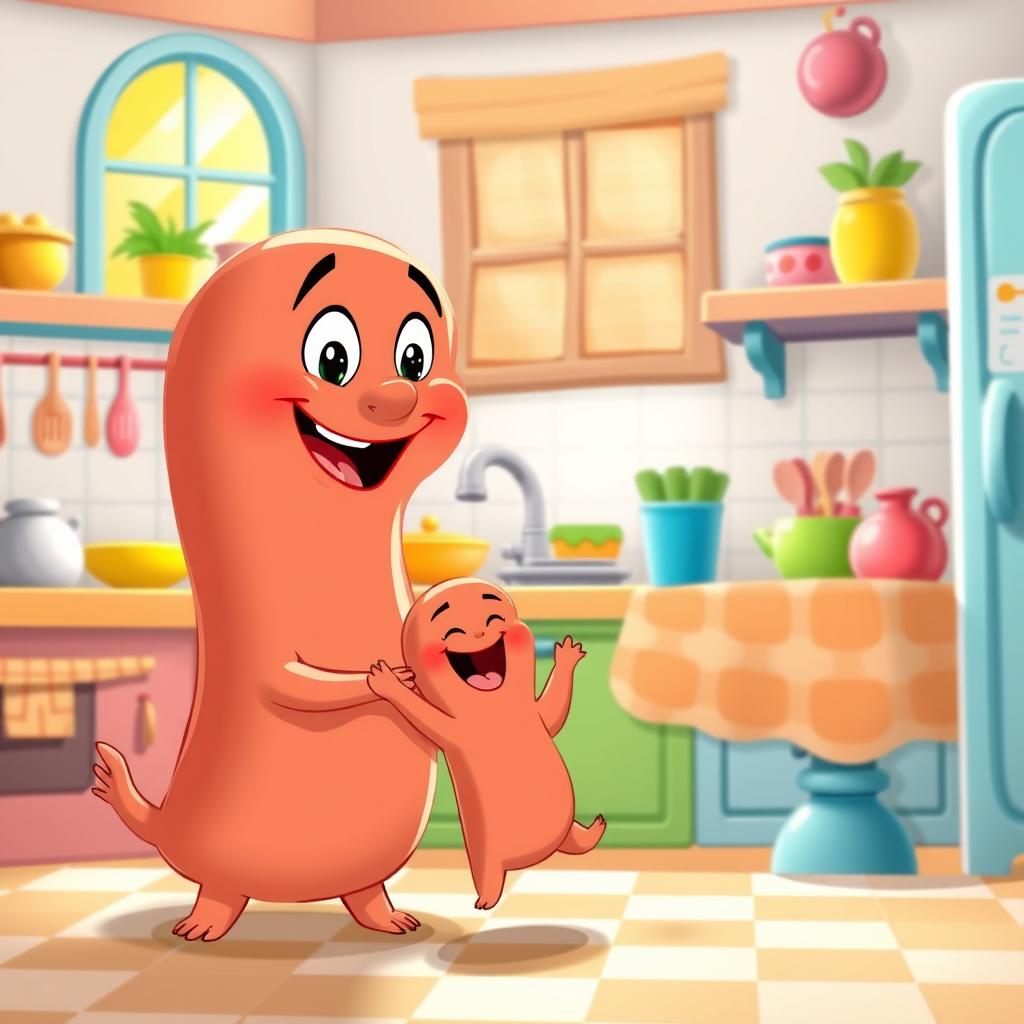 A lively cartoon scene depicting a joyful mother sausage playfully interacting with her adorable baby sausage in a bright and colorful kitchen