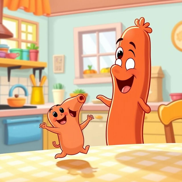 A lively cartoon scene depicting a joyful mother sausage playfully interacting with her adorable baby sausage in a bright and colorful kitchen