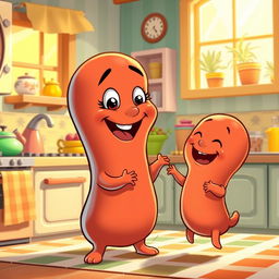 A lively cartoon scene depicting a joyful mother sausage playfully interacting with her adorable baby sausage in a bright and colorful kitchen